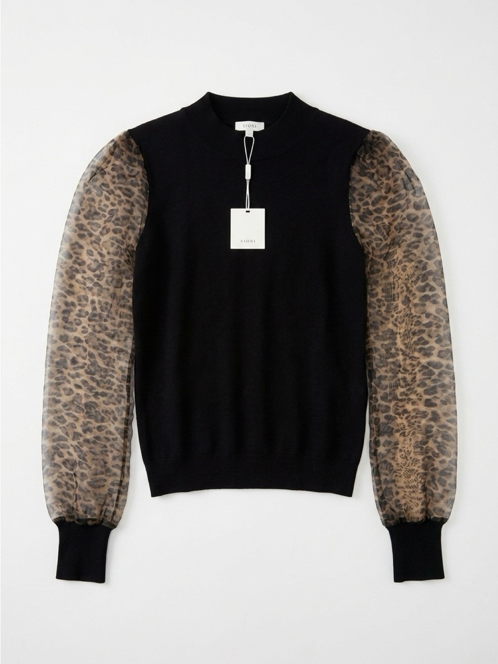 Sioni Black Knit Sweater with Leopard-Print Sheer Sleeves